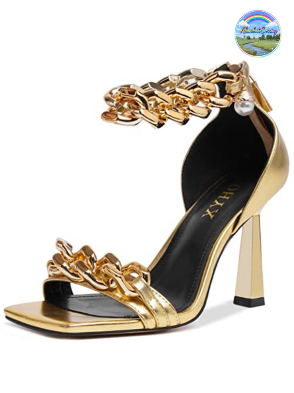 Womens Stiletto Heel Sandals Square Open Toe Chain Pearl Accents Back Zip